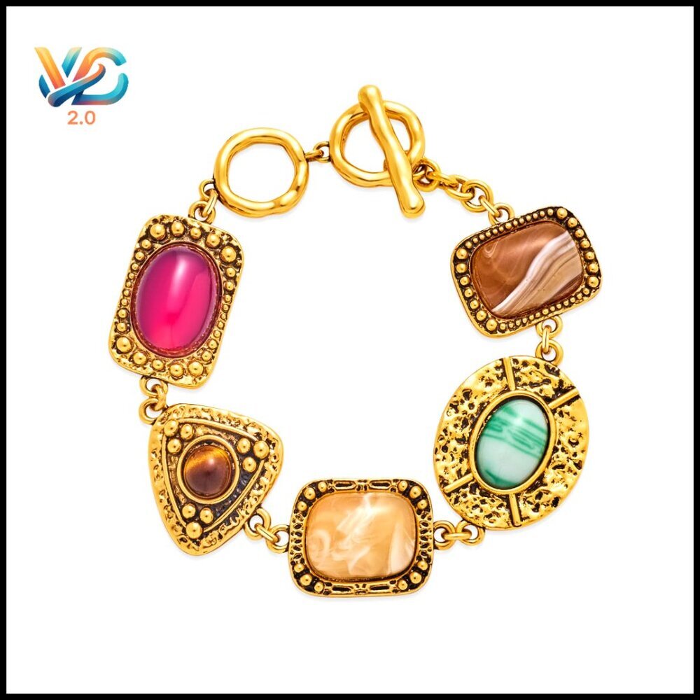 Adjustable Chunky Statement Bracelet Geometric Resin Stone Vintage Gold Chain